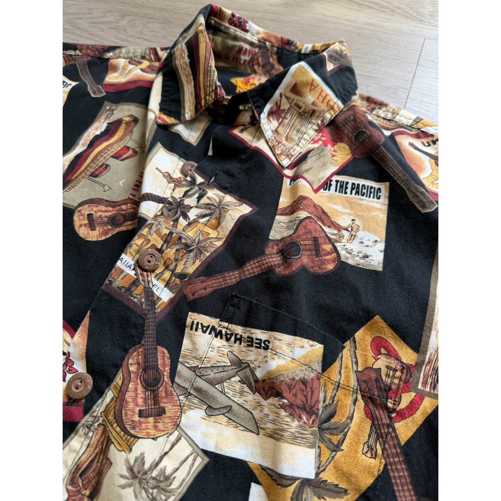 Kane Malia Ukulele Hawaiian Camp Shirt Mens Large Black Print Made in Hawaii L - Picture 4 of 7